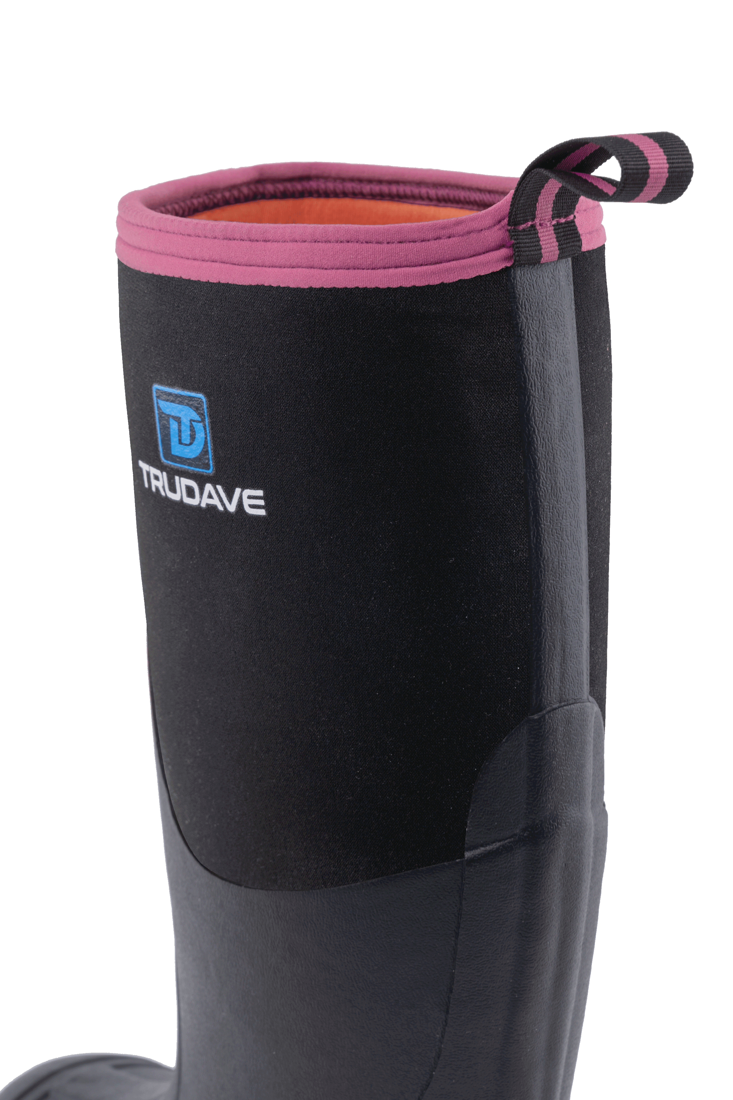 Close-up of Trudave HeatHold Series women’s tall waterproof insulated rubber boots showing reinforced stitching and pull loop design for durability and easy on-off